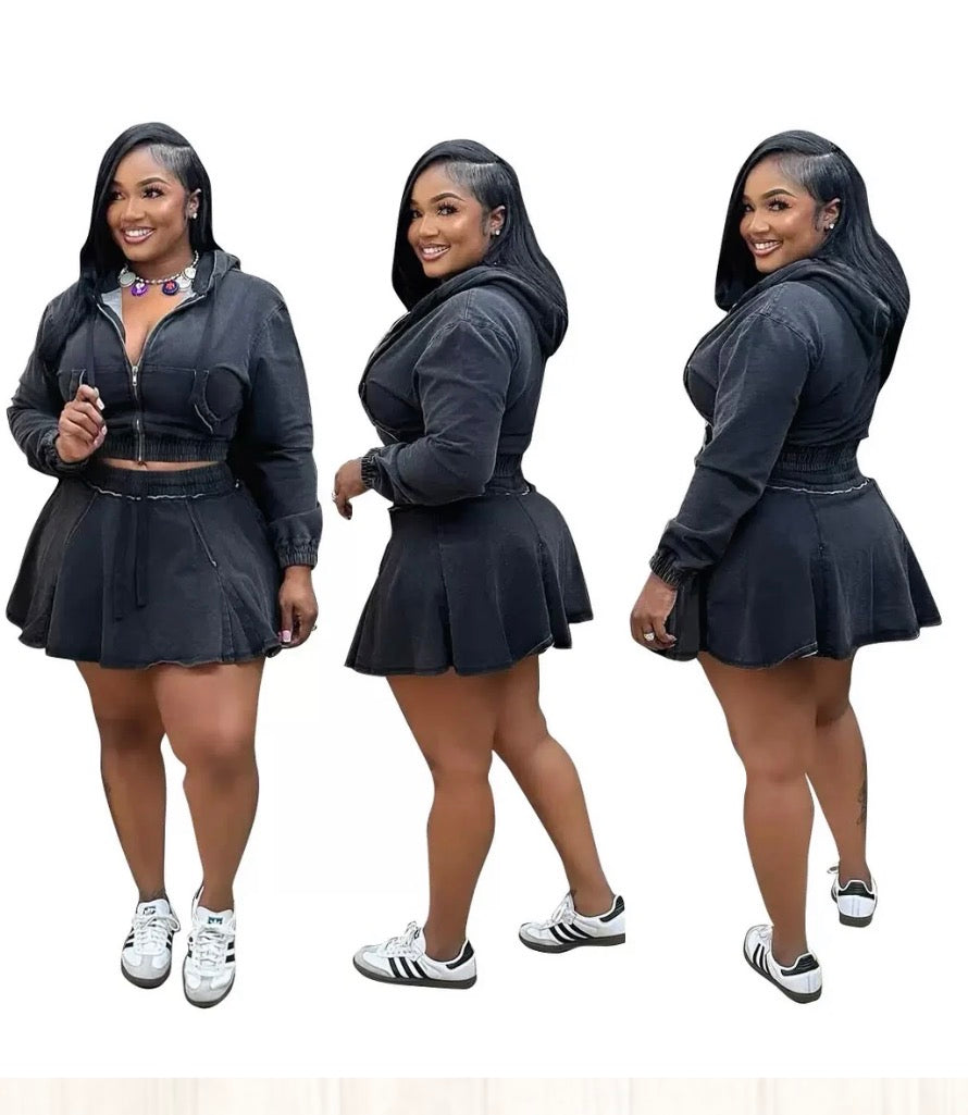 Denim in Black Skirt Set